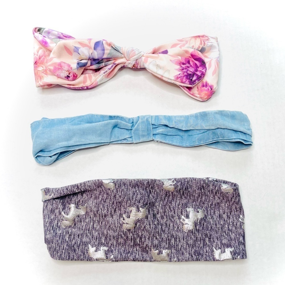 GIRL’S Stretchy Headbands Set of 3 Unicorn, Flower and Chambray